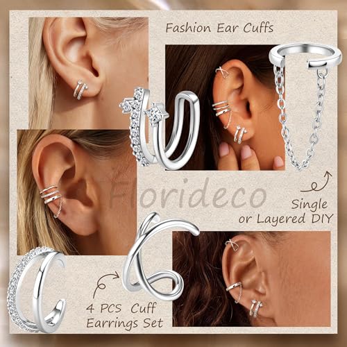 Florideco 4 PCS Ear Cuffs Non Piercing Hypoallergenic 14K Gold Plated Ear Cuff Earrings for Women Trendy CZ Clip On Cartilage Earring Set Dainty Adjustable Fake Piercings Earrings - color: Classic: Silver Plated
