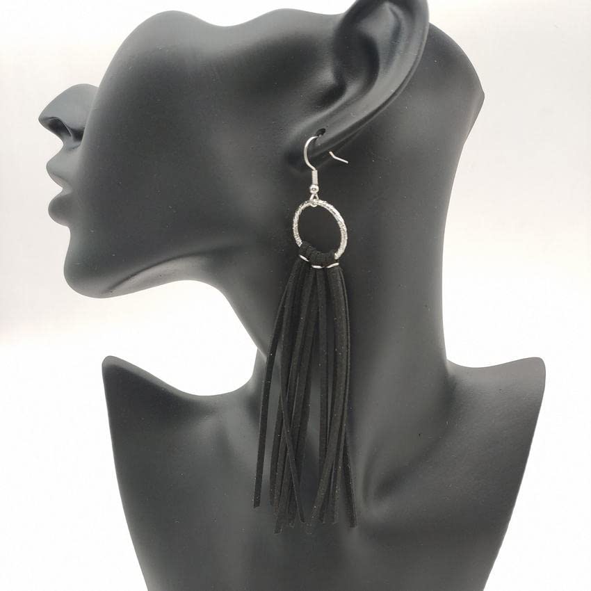 Bohemian Statement Light Weight Fringe Leather Earrrings Triangle Deerskin Leather Boho Western Statement Dangel Earrings for Women - color: Black