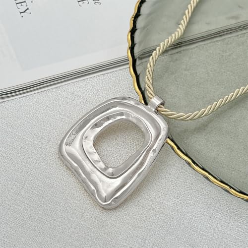 Chunky Gold Large Hollow Square Pendant Long Rope Necklaces for Women, Boho Big Silver Ethnic Style Necklace Statement Party Festival Jewelry Gifts - color: Silver