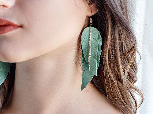 Black shiny Leather Feather Earrings for Women, Lightweight Minimal Boho Dangle Earrings, Small Simple Everyday Jewelry - color: light green