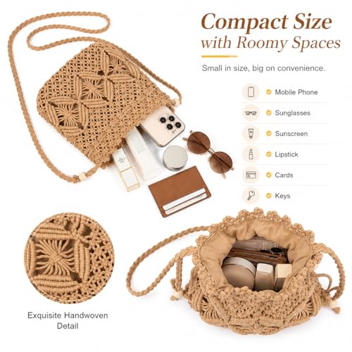 Drawstring Crochet Crossbody Bag for Women, Handwoven Cotton Straw Boho Shoulder Purse Travel Handbag