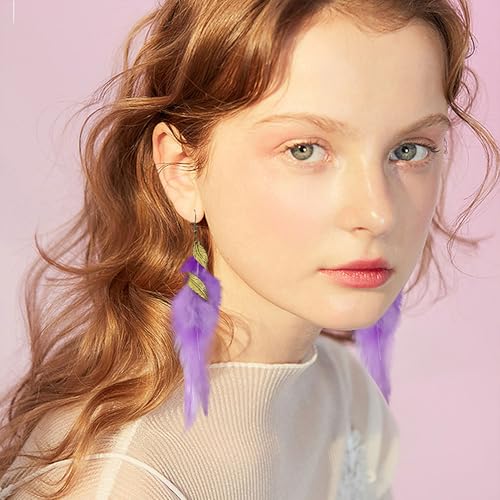 Feather Earrings for Women Bohemian Fringe Tassel Long Drop Dangle Earrings Lightweight Boho Statement earrings - color: purple