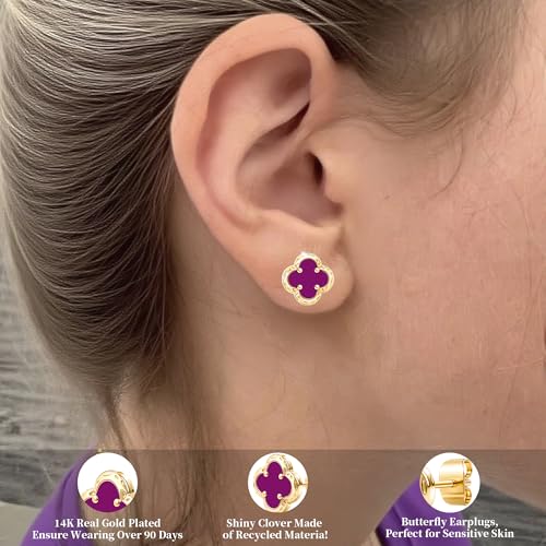 Elegant Black Onyx Clover Stud Earrings, 14K Gold Plated Four Leaf Hypoallergeinc Stud Stainless Steel Flower Earring Lucky Simple Jewelry Gift for Women Shiny Multiple Onyx Colors - color: Purple Clover Stud Earrings