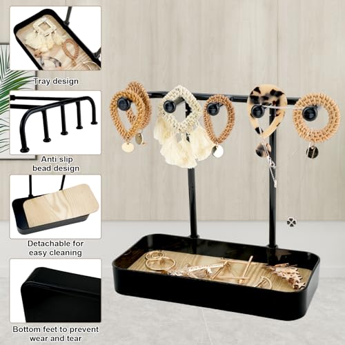 Jewelry Organizer Stand, Necklace Holder with Wooden Tray 5 Storage Hooks, Earring Holder with 5 Pcs Jewelry Bags for Bracelet,Chains,Rings,Earrings,Keys Watches,Necklaces (Black) - color: BLACK