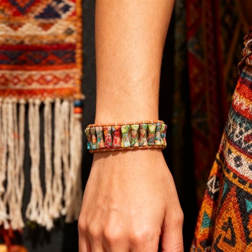 Sriomu 7 Chakra Bracelets for Women Handmade Natural Jasper Stone Healing Bead Bracelet Women Men Boho Friendship Inspirational Jewelry Natural Jasper Stone Double Layer Healing Bead Jewelry Gifts - color: Colored-Leather