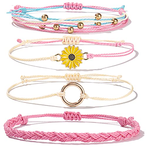FANCY SHINY Easter Gifts Basket Stuffers Sunflower String Bracelet Boho Braided Rope Wrap Bracelets Cute Summer Beach Surfer Jewelry for Women - color: Pink