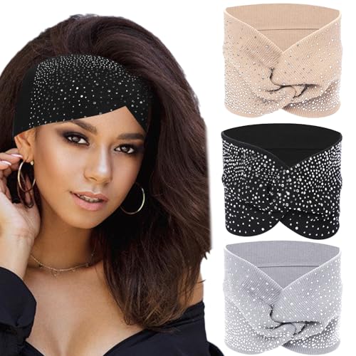Sliverdew Sparkly Head Wraps for Black Women, 3 Pcs Crystal Wide Headbands Bling Fancy Head Scarf Turban Stretchy Hair Bands African Elastic Hair Accessories - color: Khaki & Black & Light Grey