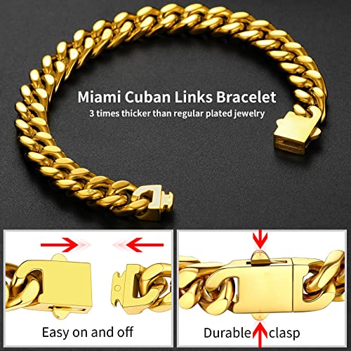 ChainsHouse Stainless Steel Cuban Link Bracelet for Men, 5mm/7mm/9mm/12mm Width, 7.5"/8.3"/9" Length, Black/18K Gold Plated Chain Wrist Bracelets for Men, with Gift Box - color: c. 7mm width-gold, size: 7.5 Inches