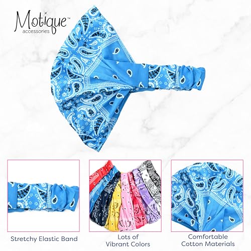 Motique Accessories Wide and Stretchy Cotton Bandana Headwrap, Multiple Colors (Blue Paisley, Medium) - color: Blue Paisley