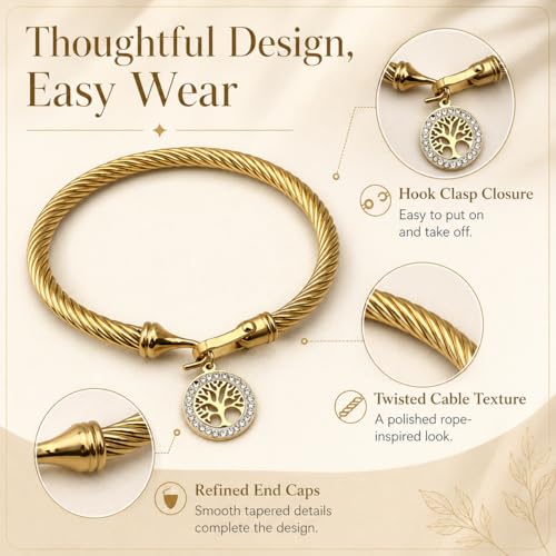 Gold Tree of Life Bangle Bracelet for Women, 18K Gold Plated Stainless Steel Double Layer Spring-Open Bangle, Meaningful Dainty Jewelry Gift - color: Gold-2