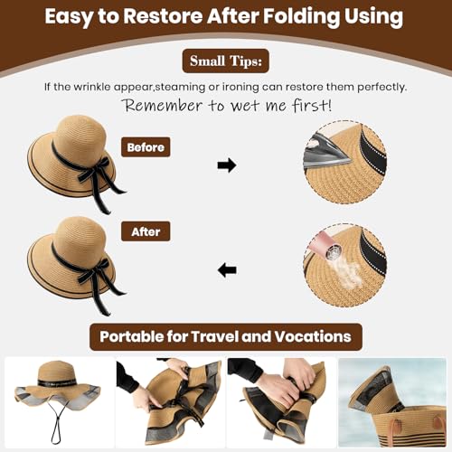 Beach Hats for Women, Wide Brim Sun Straw Hat for Women, Sun Hat UPF 50+ UV Protection - color: Brown Hat