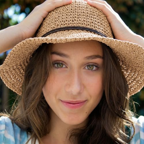 Hat Hut Floppy Beach Hat Crochet Straw Sun Hats for Women Wide Brim Handmade Summer Travel Hat Foldable Packable (US, Alpha, One Size, Khaki)