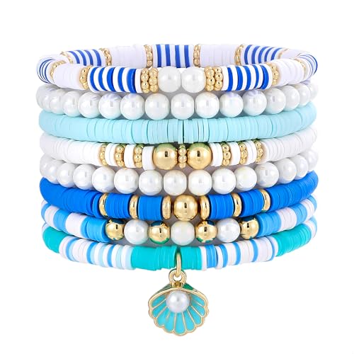 GOOJIDS Surfer Heishi Clay Bead Bracelets for Women Bohemian Stackable Gold Plated Beaded Stretch Bracelets Elastic Layering Friendship Bracelets Set Boho Jewelry - color: B-Blue Seashell Set