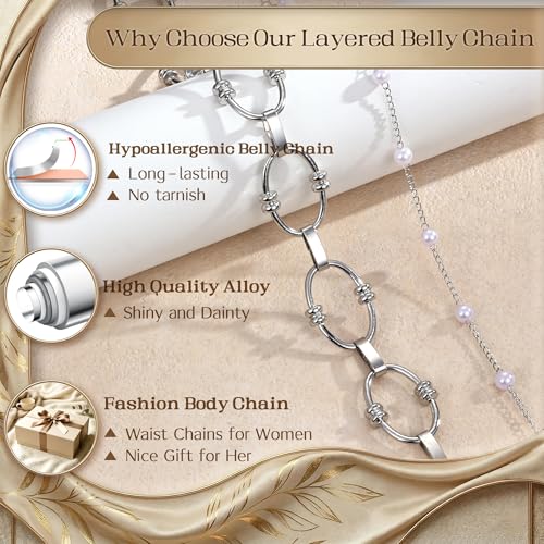 Florideco Waist Chain Belt for Women, Layered Belly Chain, Waterproof Boho Pearl Concho Cuban Body Chain, Adjustable Summer Beach Coachella Fashion Jewelry for Jeans Dresses - style: Silver Plated-Pearl Chain