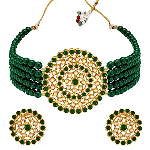 Aheli Pearl Diamond Choker Necklace & Round Earrings Gift for Women Indian Traditional Bollywood Fashion Bharatanatyam jewellery set - color: Green 1