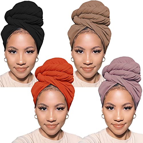 Head Wraps for Black Women African Head Wrap Lightweight for Women Long Plain Turban Hair Scarf Scarves - color: 4 Pcs-black,camel,pink,orange