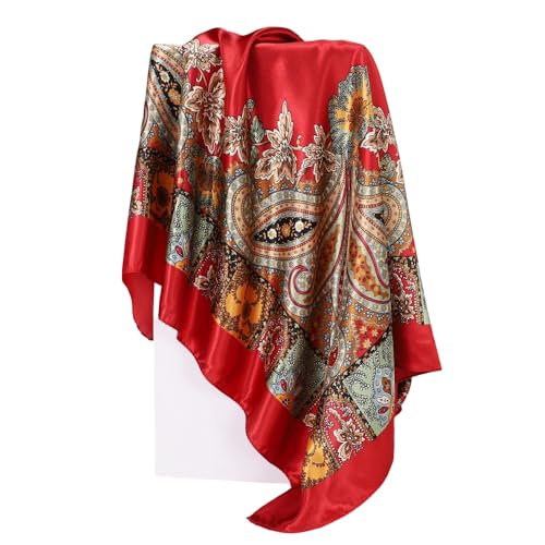 Women Head-Scarf Silk-Feeling-Scarf Hair Scarf Boho-Print Bandanas 35 Inches Square - color: Red