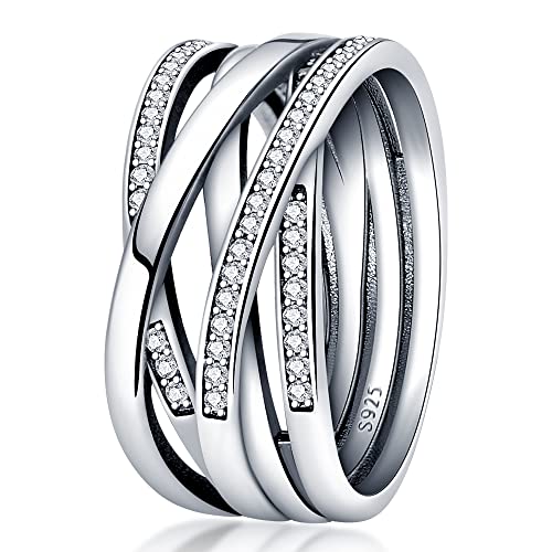 KUNSIR 925 Sterling Silver Rings Classic Cubic Zirconia Eternity Promise Statement Anniversary Wedding Bands Engagement Rings for Women Infinity Forever Love Ring Size 7-9 - style: Bright Polished Line Ring