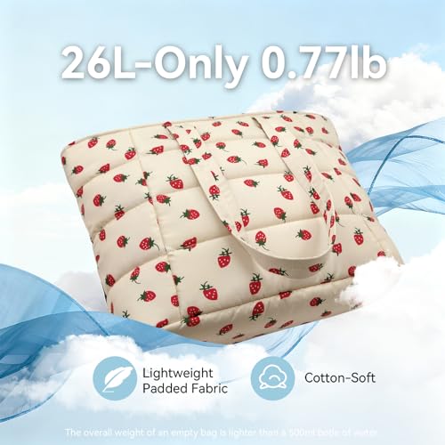 Puffer Tote Bag with Pouch, Women's Lightweight Quilted Shoulder Bag, 15.6"/17.3 Laptop Travel Weekender for Work & Nurses - color: Strawberry, size: Medium