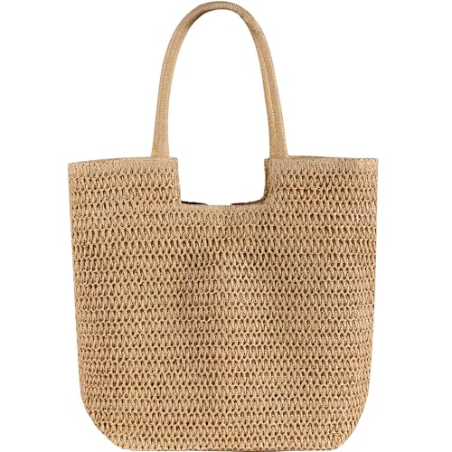 WantGor Straw Beach Bags, Women Summer Woven Tote Bag Large Boho Shoulder Handbags Casual Travel Beach Bag Foldable Hobo Bags - color: Khaki