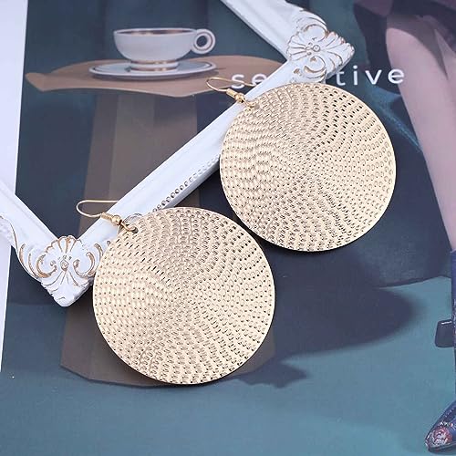 Boho Texture Disc Earrings - Gold Coin Vintage Drop Earrings, Hammered Round Circle Dangle Jewelry for Women - color: Gold