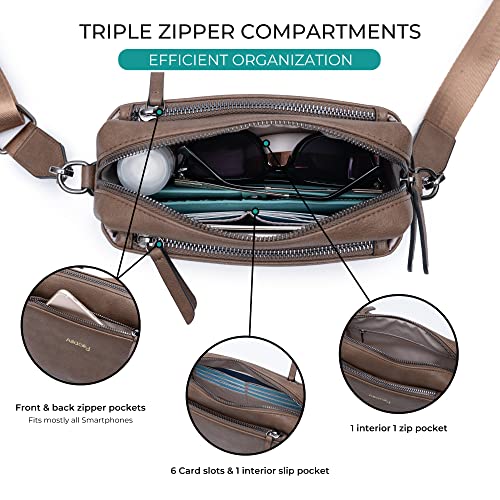 Alldaily Small Triple Zip Crossbody Purse for Women, Vegan Leather Phone Bag with Wide Shoulder Strap - color: Chocolate