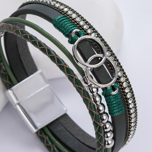 FANCY SHINY Boho Leather Wrap Bracelet Stackable Infinity Chunky Cuff Bracelets Western Hippie Outfits Jewelry Valentine Gifts for Women - color: Olive Green