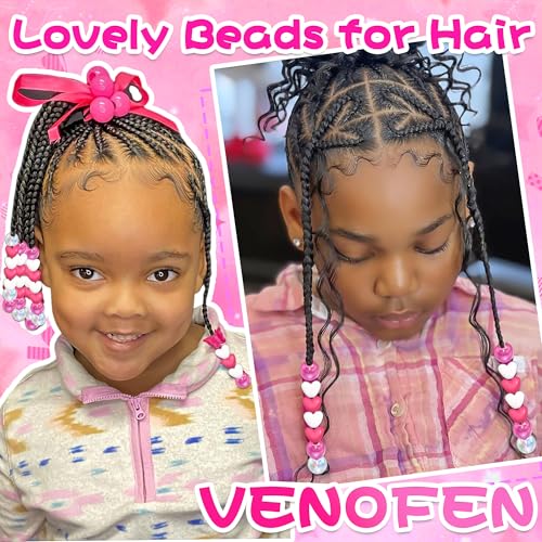 60PCS Heart Hair Beads Hot Pink Loc Bead for Kids Girls Clear White AB Color Round Beads Cute Acrylic Hair Bead Accessories for Valentine's Day - color: Hot Pink&White