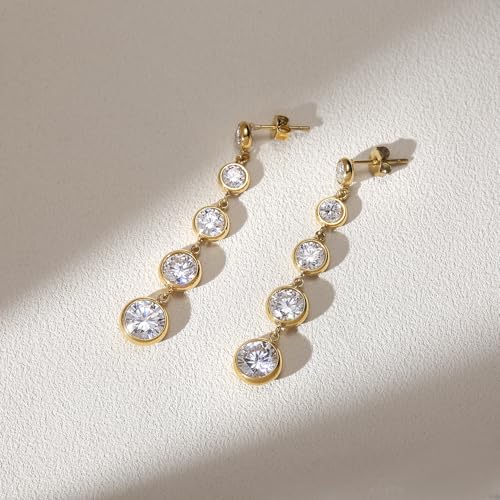 Women's Long Sparkly Dangle Earrings Hypoallergenic Stainless Steel 14K Gold Plated Lightweight CZ Statement Studs - color: Gold