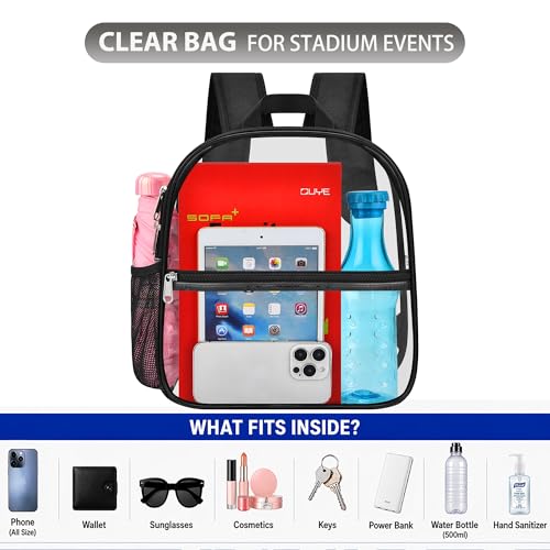 Oraben Clear Backpack Stadium Approved, Clear Bag 12 x 6 x 11 in, Small Transparent Backpack for Concerts, Sports Events, Festivals, Waterproof, Adjustable Straps, Women Men - color: Black, style: Enhanced Strap