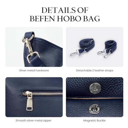 befen Genuine Leather Crossbody Hobo Purse for Women Soft Lightweight Leather Handbags with 2 Removable Straps - color: M-navy Blue