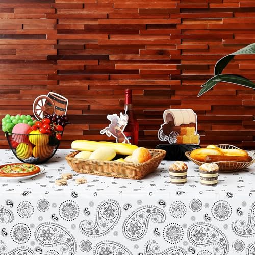 Tatuo Western Party Tablecloth Paisley Table Cover Bandana Plastic Table Cloth Rectangle Floral Tablecloth for Western Cowboy Themed Party 108 X 54 Inch(White,3 Pack) - color: White