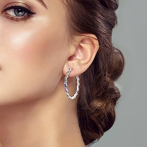 NARMO 925 Sterling Silver Hoop Earrings for Women Hypoallergenic Lightweight Simple Huggie Hoop Earrings Twisted Hoop Earrings Colorful Cubic Zirconia Hoop Earrings Rainbow Hoop Earrings - color: Rainbow