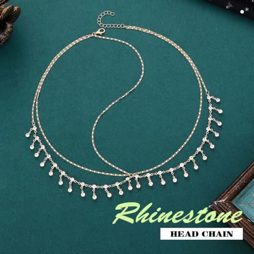 JEAIRTS Boho Rhinestone Head Chain Gold Crystal Forehead Headpiece Bridal Festival Hair Jewelry for Women