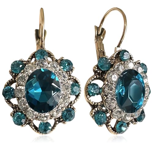 Handmade Bohemian Vintage Gold Sparkly Crystal Round Flower Leverback Earrings Cute Rhinestone Geometry Dangle Drop Earring for Women - color: Blue