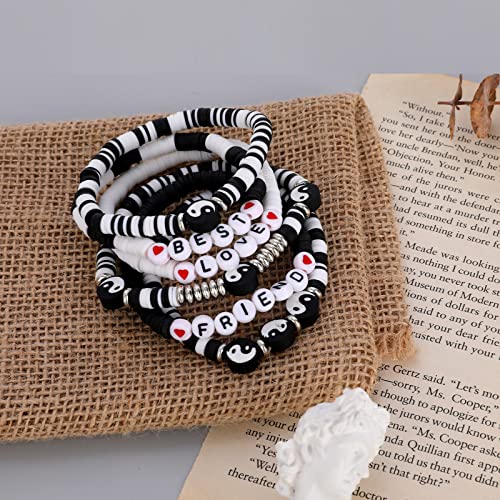Colorful Heishi Surfer Bracelets Set for Women Stackable Clay Beaded Bracelets Disc Stretch Preppy Bracelets Smiley Face Friendship Bracelets Team Cheer Bulk Boho Summer Beach Jewelry Gift - color: YinYang Beads