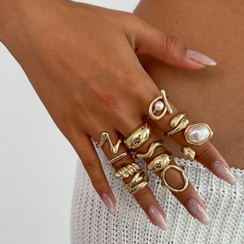 Gold Rings for Women Non Tarnish Stackable Rhinestone Moon Star Rings Dainty Stacking Pearl Butterfly Midi Pinky Thumb Joint Finger Knuckle Ring Set Gold Non Tarnish Jewelry Gifts Trendy Stuff - color: Q Chunky Gold Rings 11Pcs