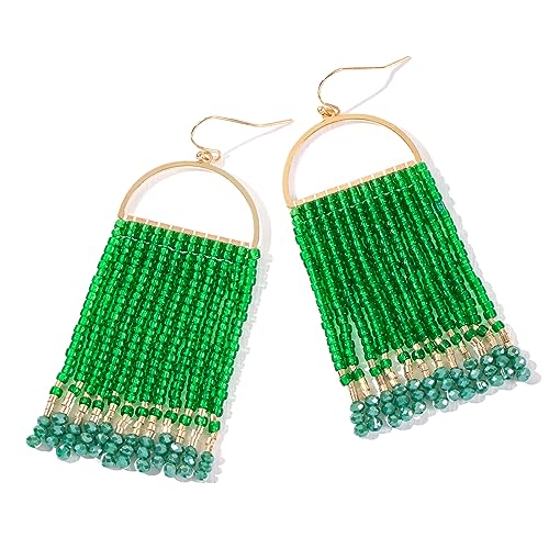 Bohemia Beaded Dangle Earrings - Handmade Seed Bead Earrings, Statement Beaded Tassel Earrings for Women - color: Dark Green