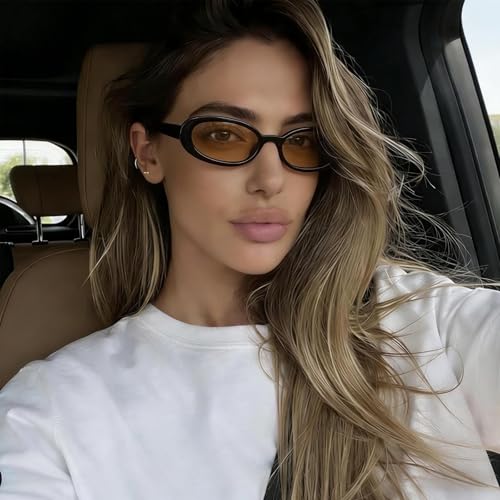 90s Sunglasses for Women Men Retro Small Oval Sunglasses - color: Black/Light Orange