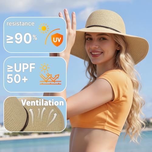 Sun Hats for Women, Straw Hats UPF 50+ Sun Protection, Wide Brim Womens Beach Hat for Summer Travel - color: Beige