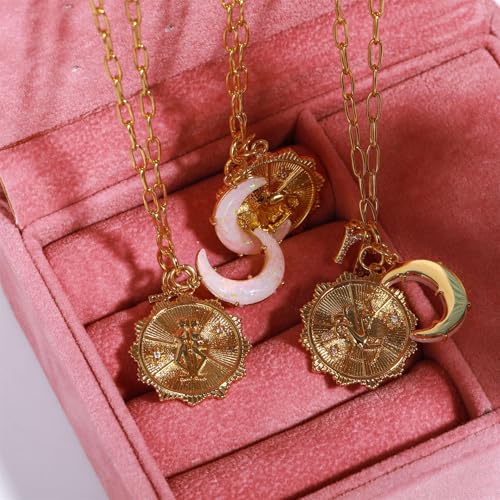 Dainty Gold Zodiac Embossed Coin Opal Crescent Moon Charm Necklace for Women Trendy 18K Gold Plated Retro Paperclip Chain 12 Constellation Horoscope Necklaces Astrology Jewelry Gifts - style: 6.VIRGO (AUG 23-SEP 22)