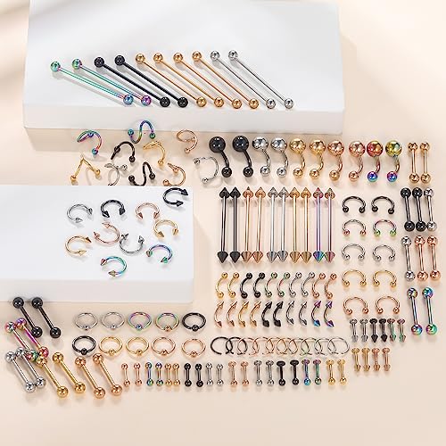 Xpircn 150PCS Piercing Kit Jewelry Stainless Steel Lip Nose Tongue Tragus Cartilage Daith Eeybrow Belly Button Rings Body Piercing Tools 14G 16G 20G - color: Mixed Color