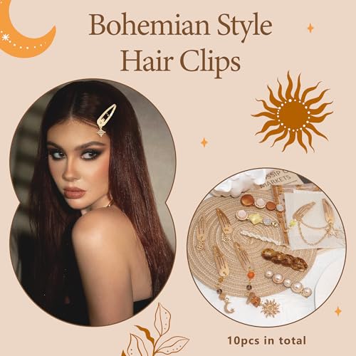 10PCS Hair Barrettes for Women Metal Star Hair Clips Boho Fancy Hair Pins Dangle Moon Y2K Hair Accessories for Women Girls - color: Brown