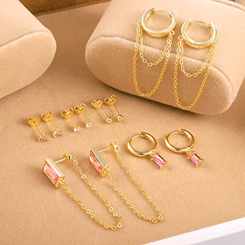 BOUTIQUELOVIN 14K Gold Stud Earrings Set for Women, for Multiple Piercing Silver Plated Studs Earrings and Zirconia Earring Set Small Huggie Hoop Chain Earing - color: 6Pairs Pink