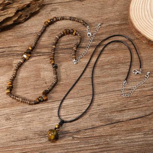 Layered Beaded Necklace for Women, Brown Tiger Eye Style Stone Necklace, Black Cord Pendant Necklace, Boho Adjustable Choker Necklace for Daily Wear, Vacation, Festival, Casual Outfits