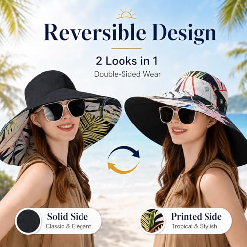 HUAMULAN Women Summer Sun Hat Wide Brim Wired Edge Floral Beach Bucket Hats Reversible Foldable Travel UV Protection Lady Hat - color: Bg8240-black