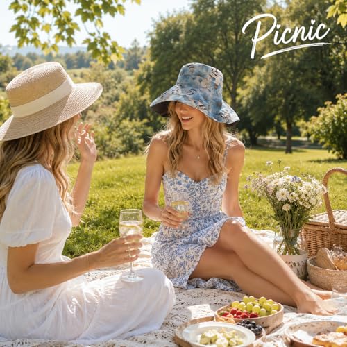 HUAMULAN Women Summer Sun Hat Wide Brim Wired Edge Floral Beach Bucket Hats Reversible Foldable Travel UV Protection Lady Hat - color: M2320-navy