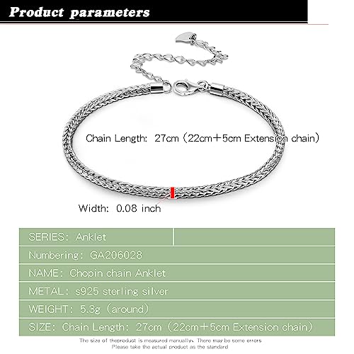 Dankadi 925 Sterling Silver Anklets Bracelet Women/Men Waterproof Simple Durable Chopin Chain/Cuban Link/Figaro/Box/Twist Rope Chain For Beach Foot Jewelry Gift - color: 3MM Chopin Chain, size: 27cm