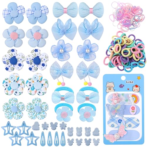 400 Pcs Baby Girls Hair Accessories Set,Baby Girls Hair Ties,Flower Bows Rubber Bands,Hair-friendly Hair Clip,Soft Elastic Hair Bands,Claw Clip(Blue) - color: Blue