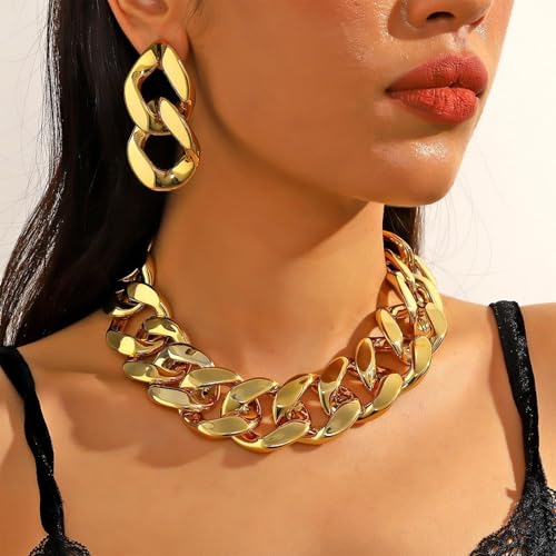 choice of all Chunky Gold Necklace Statement Necklace for Women Punk Chain Thick Gold Choker Jewelry Trendy Birthday Gifts - color: I:chunky necklace earrings set
